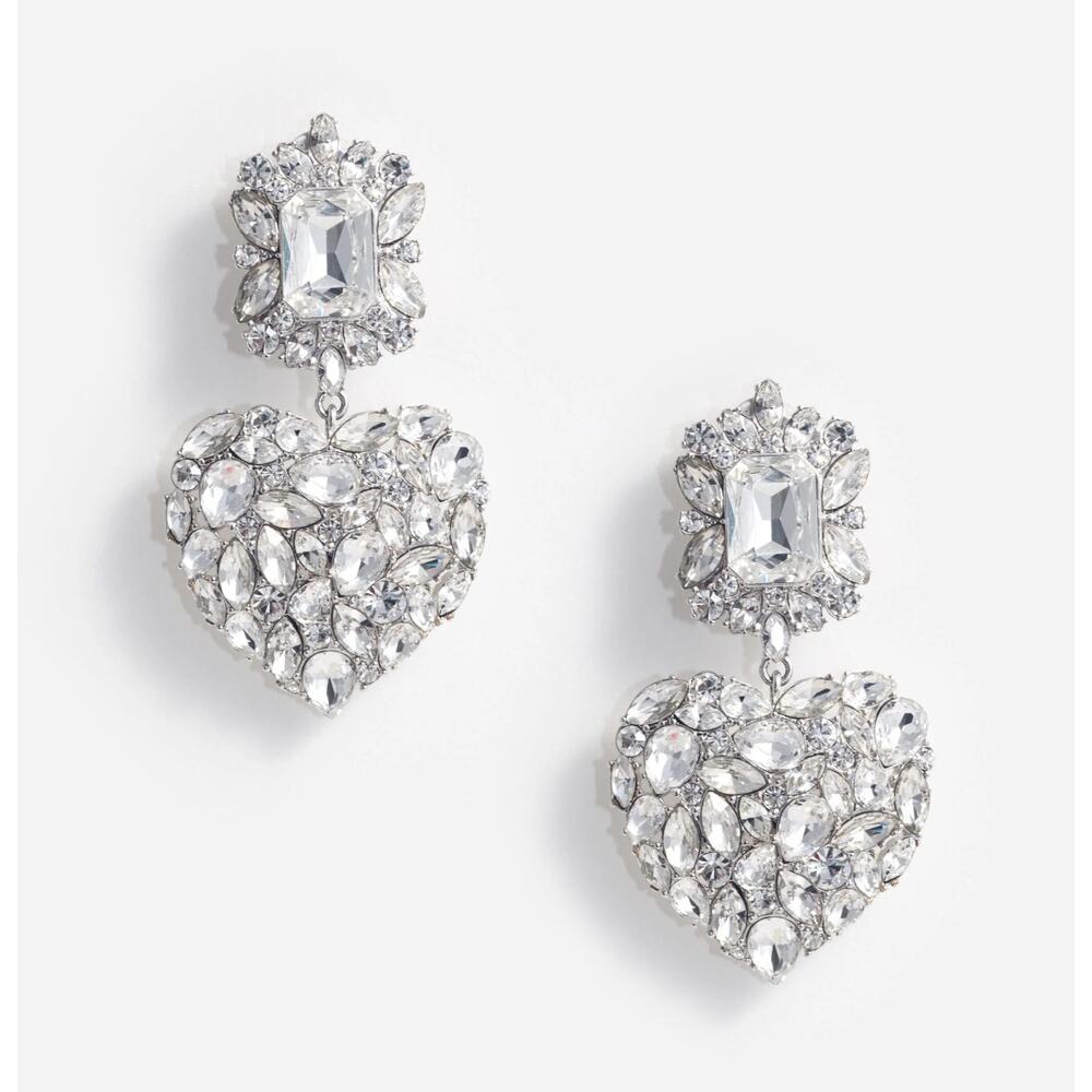 Self-Portrait Crystal Heart Drop Earrings in Clear and Silver